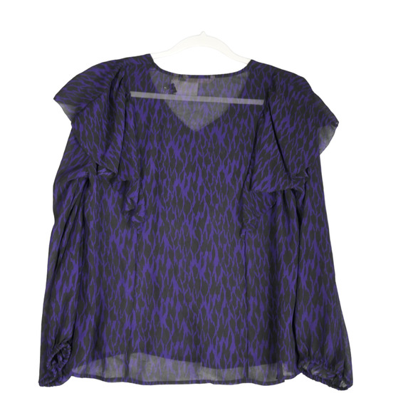 Soft Surroundings Blouse Womens Petite Medium PM Purple Wild Animal Ruffle Sheer - Picture 5 of 6